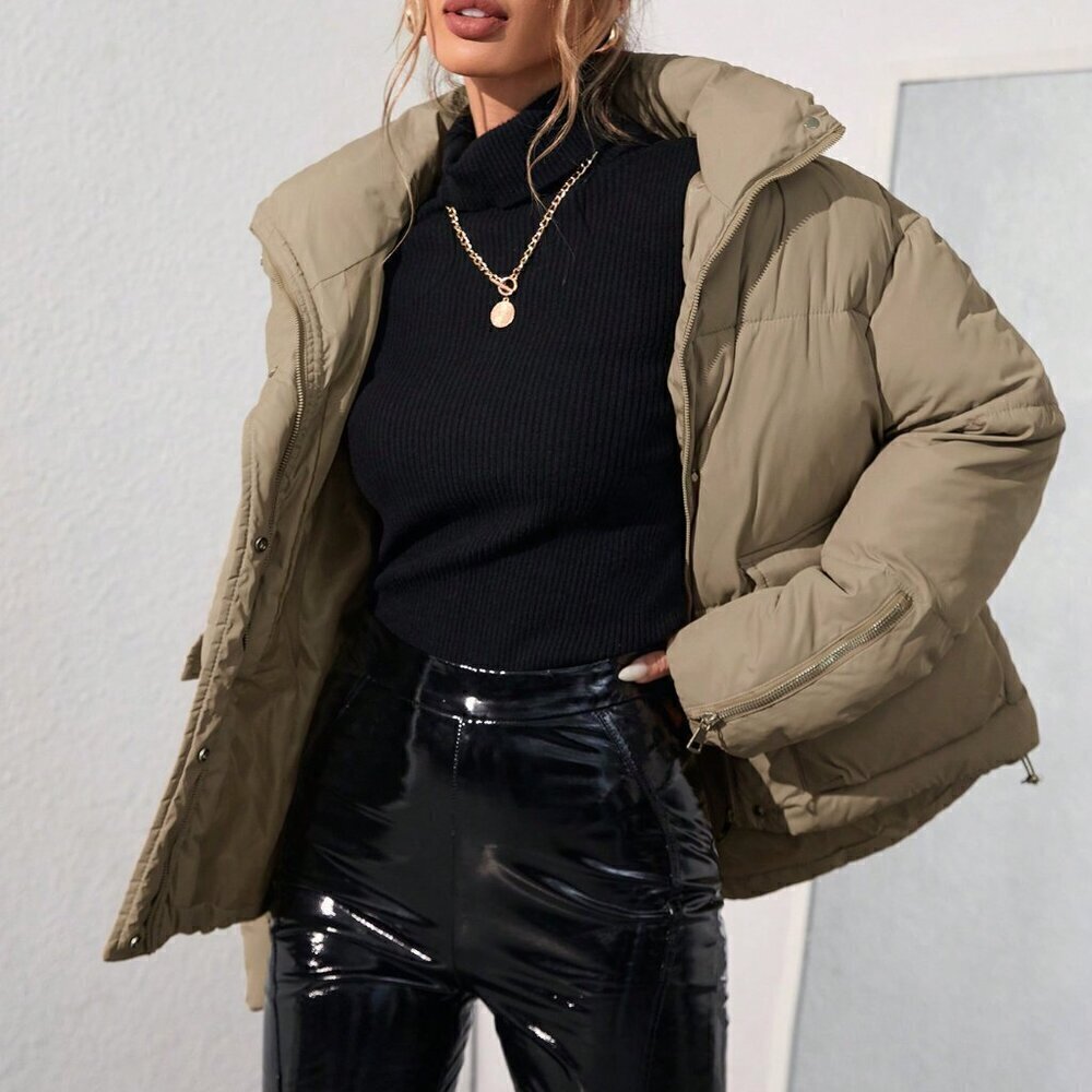 Khaki Casual Women's Loose Stand Collar Padded Puffer Coat - Picture 3 of 6